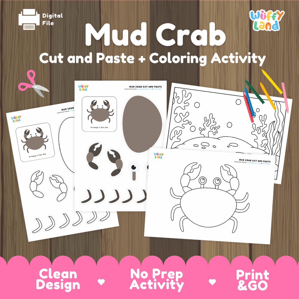 Mud Crab Cut and Paste Craft and Coloring Activity Worksheets