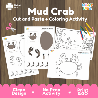 Mud Crab Cut and Paste Craft and Coloring Activity Worksheets
