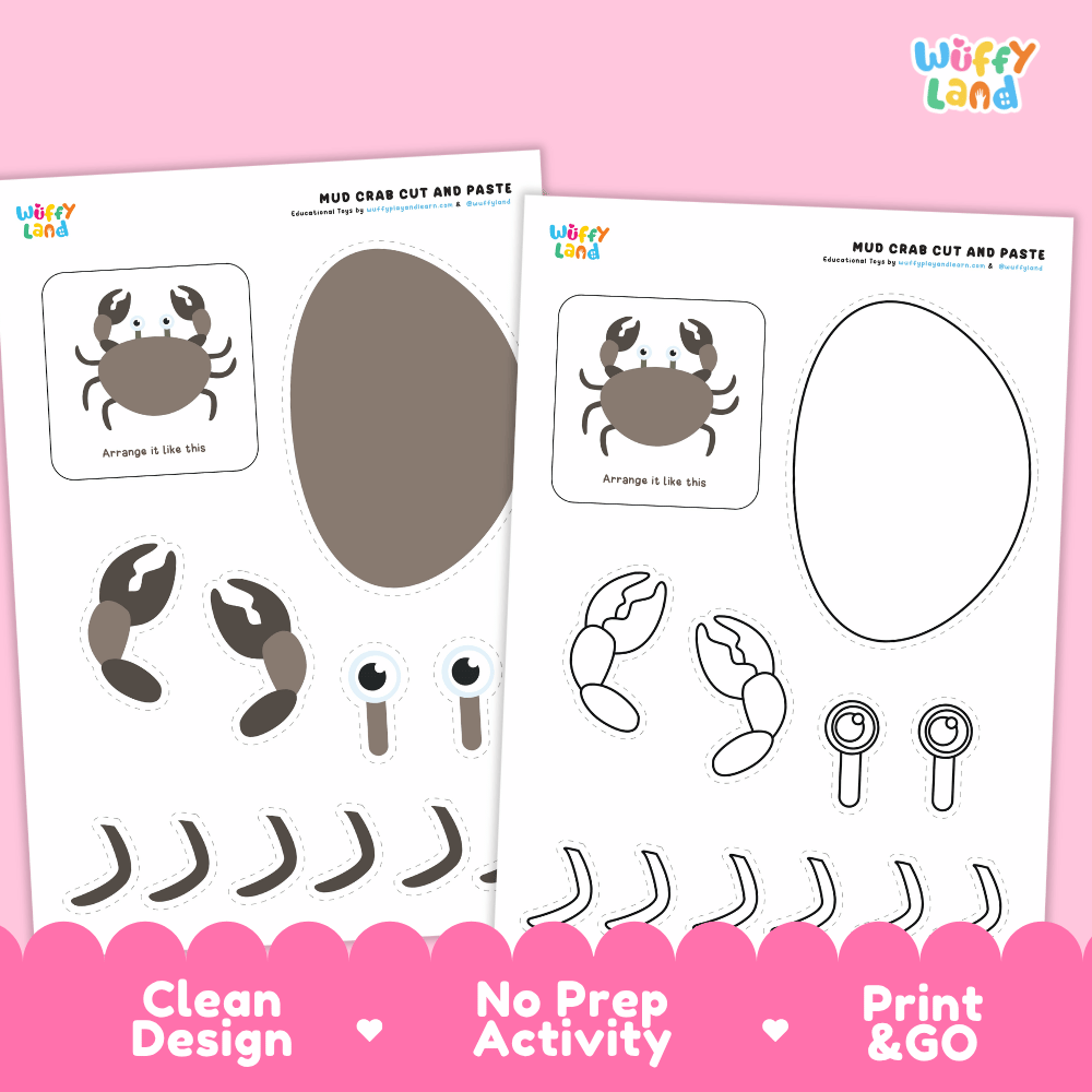 Mud Crab Cut and Paste Craft and Coloring Activity Worksheets