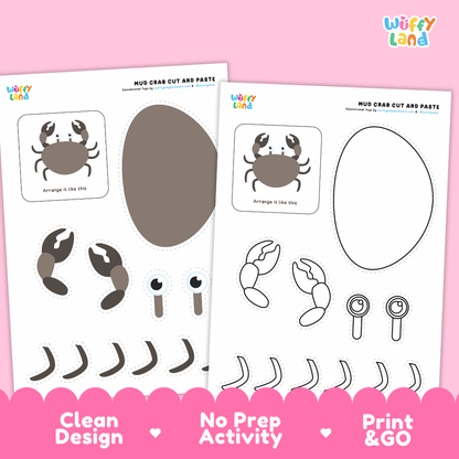 Mud Crab Cut and Paste Craft and Coloring Activity Worksheets