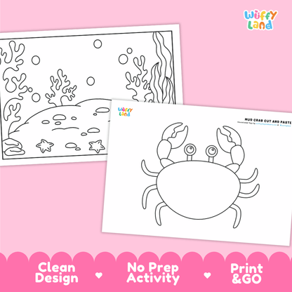 Mud Crab Cut and Paste Craft and Coloring Activity Worksheets