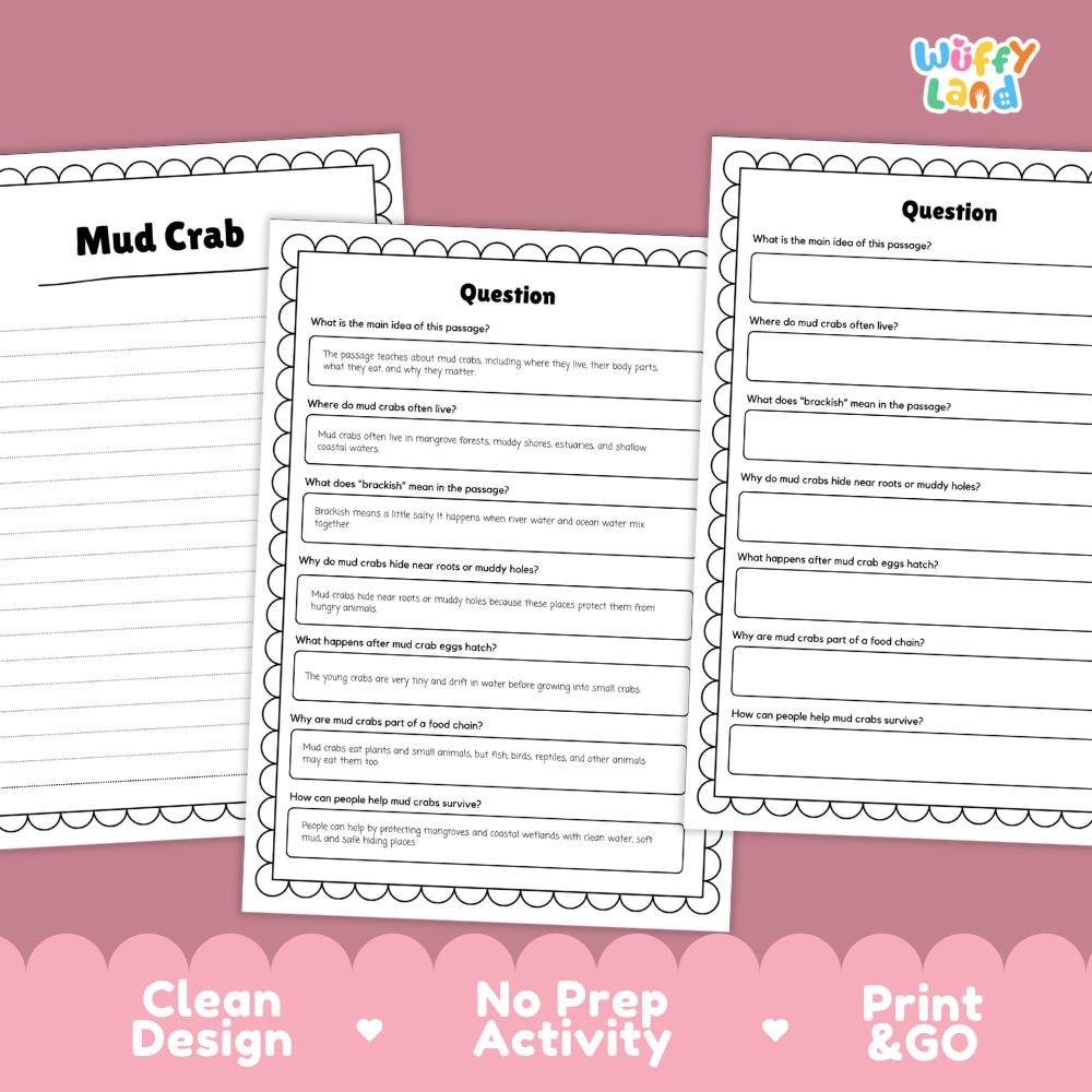 Mud Crab Reading Passage and Questions Worksheets with Answer Key