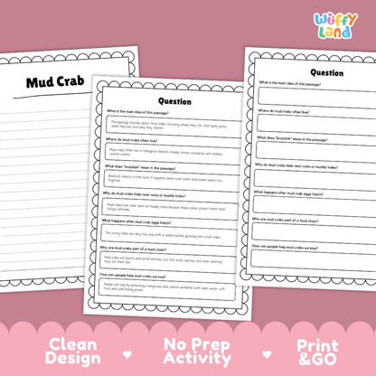 Mud Crab Reading Passage and Questions Worksheets with Answer Key
