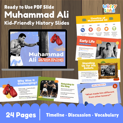Digital product preview for a 'Muhammad Ali Kid-Friendly History Slides' bundle by Wiffly Land, showing a laptop screen with a presentation slide and several colorful page thumbnails arranged on a wood background.