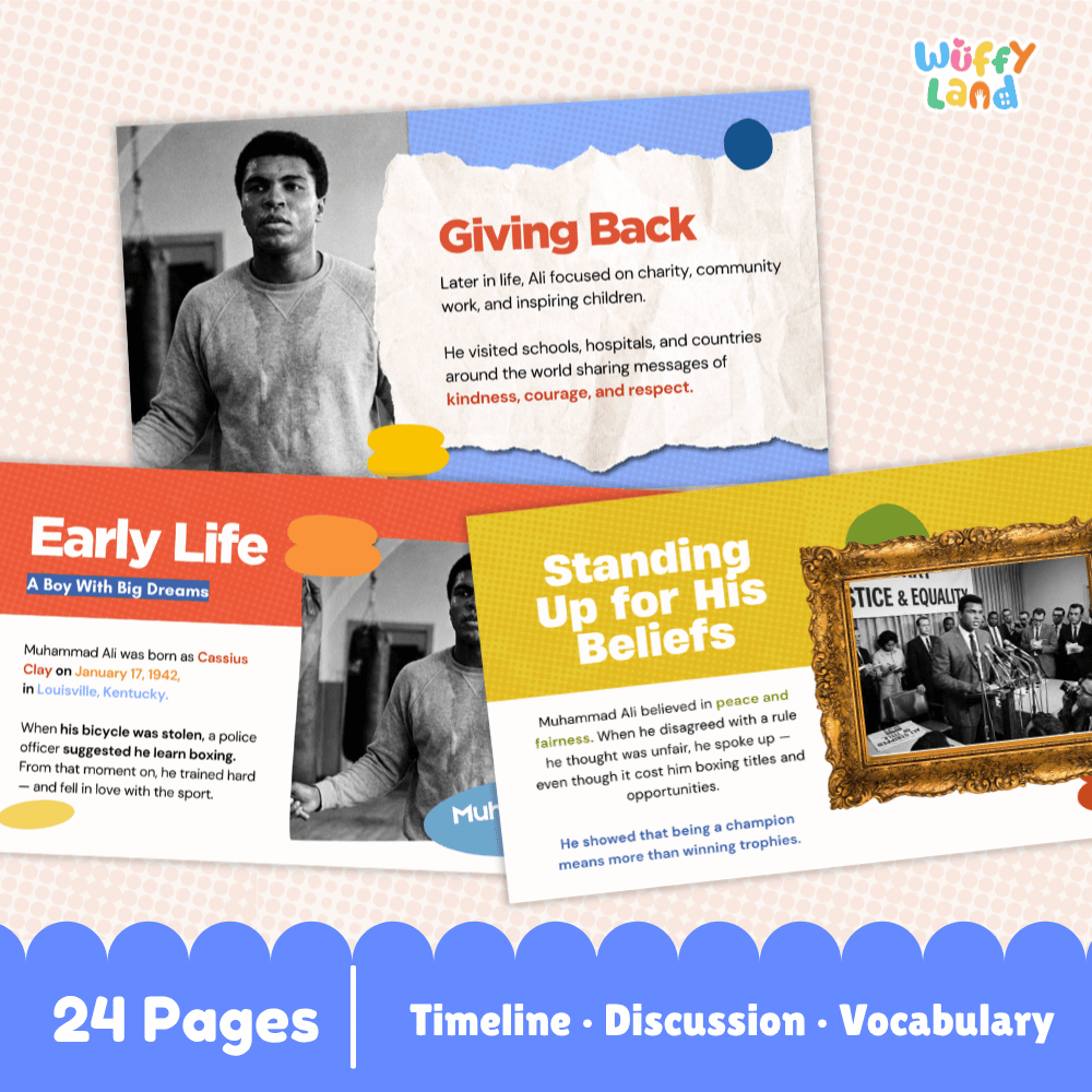 Promotional graphic for a children's educational timeline product titled 'Wuffiy Land'. The image shows three overlapping colorful poster-style pages with black-and-white and color photos, text sections about Muhammad Ali, and decorative color blocks.