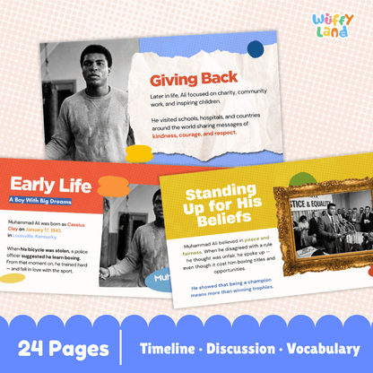 Promotional graphic for a children's educational timeline product titled 'Wuffiy Land'. The image shows three overlapping colorful poster-style pages with black-and-white and color photos, text sections about Muhammad Ali, and decorative color blocks.