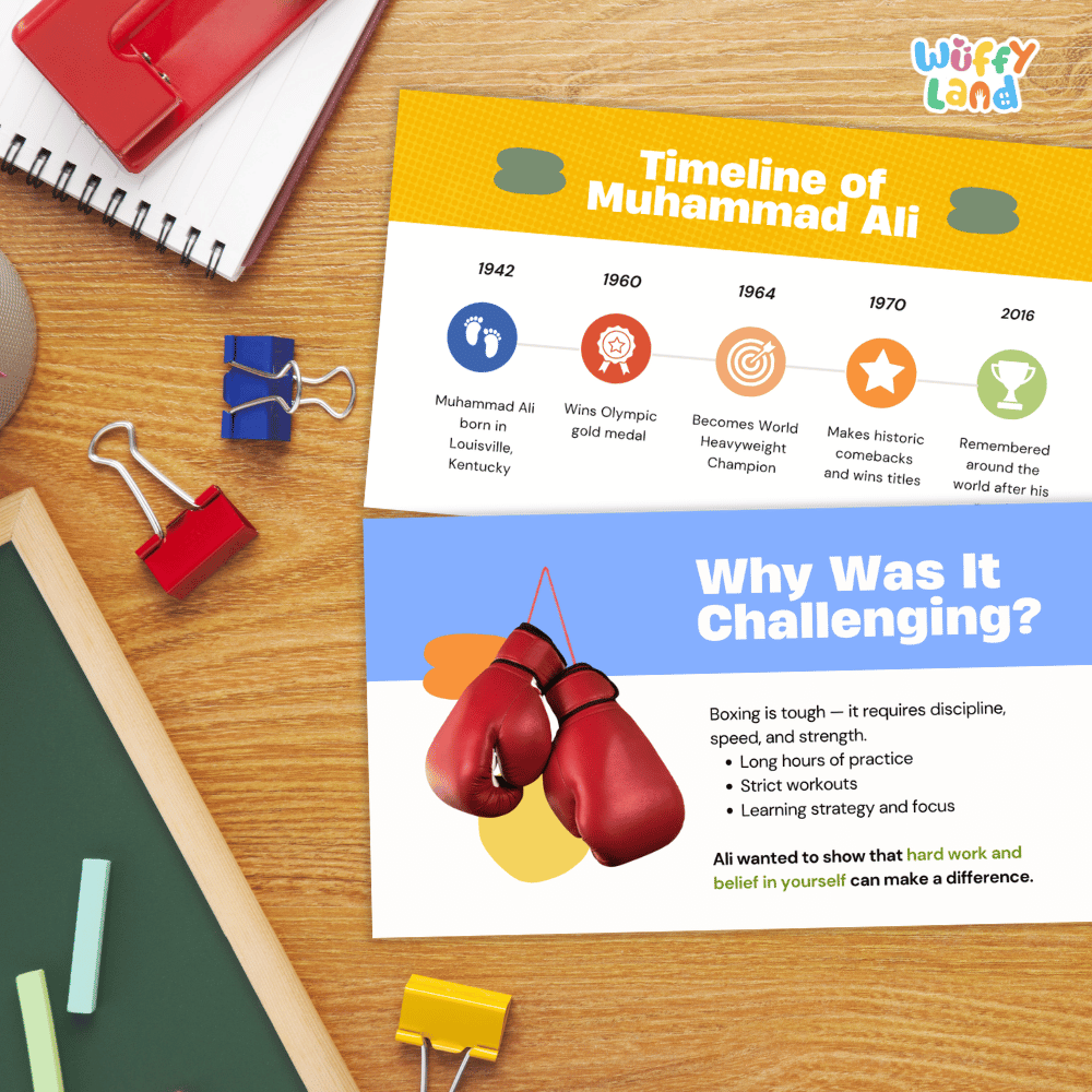 A printed timeline poster about Muhammad Ali laid on a wooden desk, surrounded by school supplies including a spiral notebook, binder clips, chalk, and a red folder. The poster has a yellow top section with years and events, and a blue lower section with the headline 'Why Was It Challenging?' and an illustration of red boxing gloves.