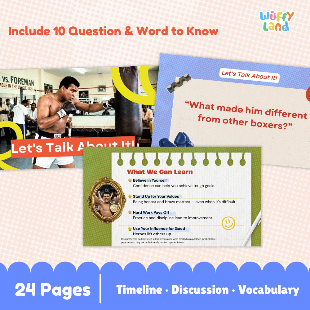 Promotional graphic for a boxing-themed educational resource titled 'Wuffy Land'. The design features a light pink checkered background with blue scalloped borders at the top and bottom.