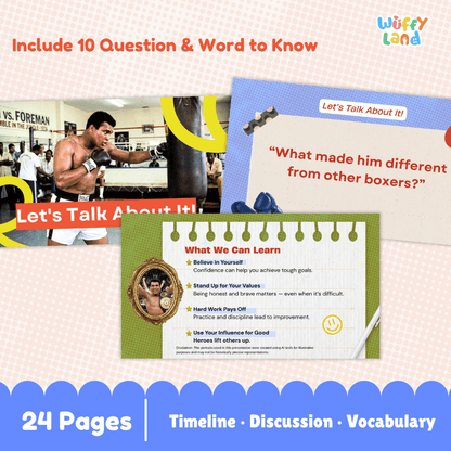 Promotional graphic for a boxing-themed educational resource titled 'Wuffy Land'. The design features a light pink checkered background with blue scalloped borders at the top and bottom.