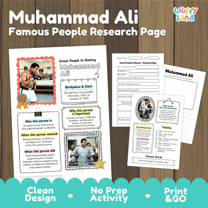 Muhammad Ali Famous People Research Page Worksheets and Biography Activity