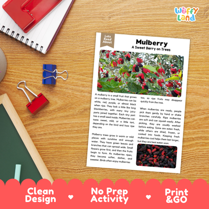 Student reading comprehension worksheet with short-answer questions and lined sections about mulberries