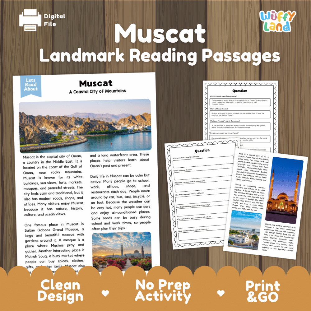 Muscat landmark reading passages educational study unit featuring nonfiction reading worksheets and authentic Omani coastal mountain photography
