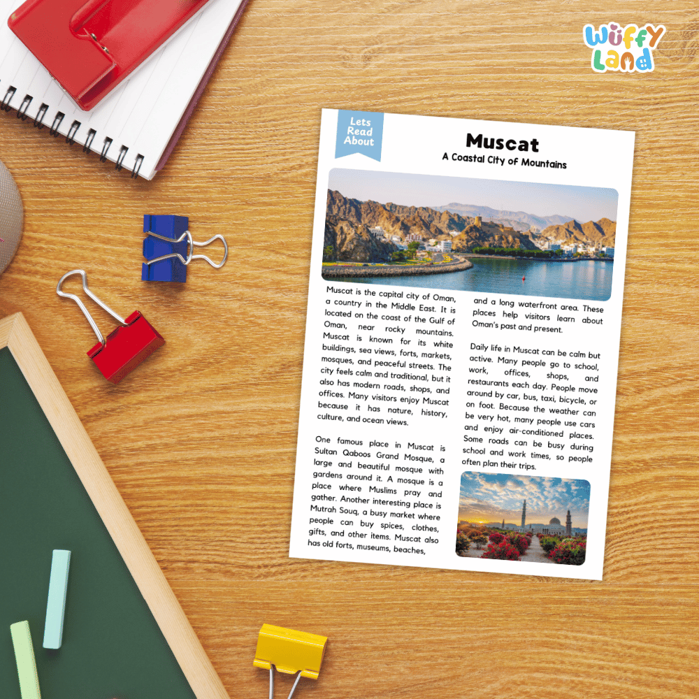 Lined reading comprehension question worksheet covering main ideas vocabulary terms and landmark facts about Muscat Oman