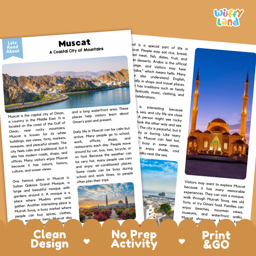 Reference sheet and answer key for Muscat landmark reading passage displaying completed comprehension answers and Middle Eastern geography facts