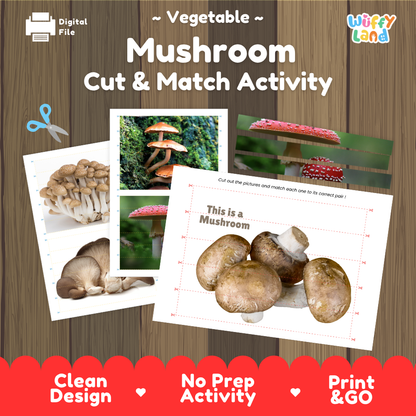 Mushroom cut and match activity cover showing printable fine motor puzzle sheets and mushroom photographs
