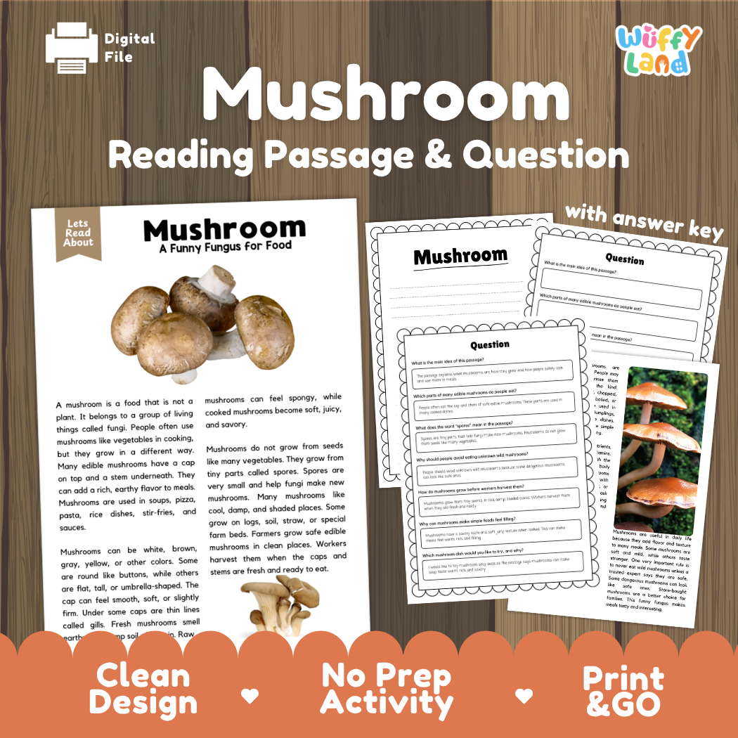 Mushroom reading comprehension passage and questions printable activity pack with answer key for elementary students