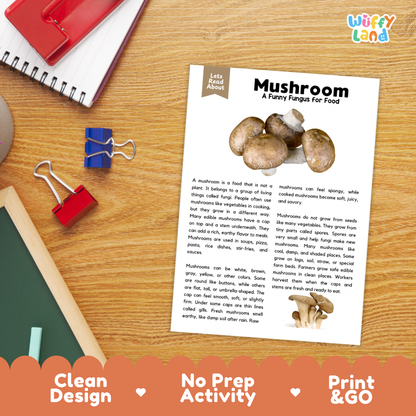 Student reading comprehension worksheet with short-answer questions and lined sections about edible mushrooms