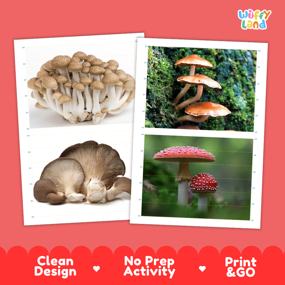 Printable activity sheets featuring photographic mushroom puzzle boards and cutting guides