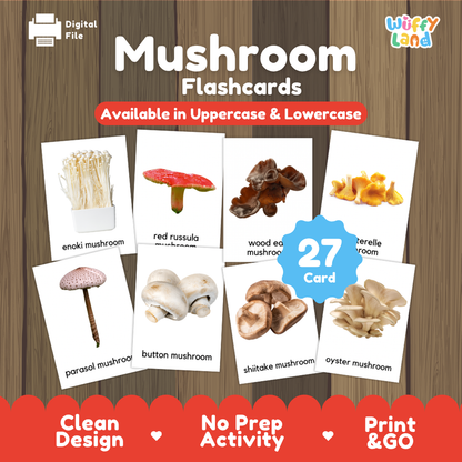 Mushroom Flashcards digital file preview by Wiffy Land, showing multiple illustrated mushroom cards with labels on a wood-textured background. Text highlights 'Mushroom Flashcards,' 'Available in Uppercase & Lowercase,' and '27 Card.