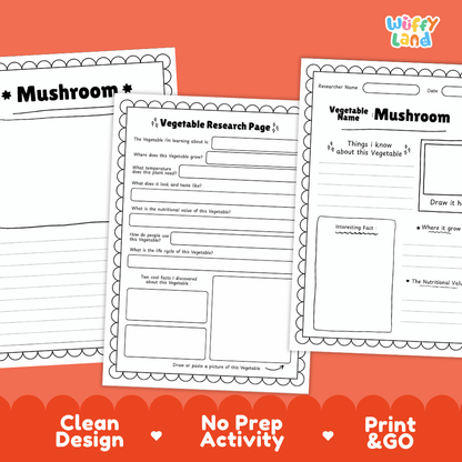 Mushroom Vegetable Research Page Worksheets and Fact Sheet