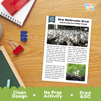 Printable student worksheet with short-answer reading comprehension questions covering mushrooms and fungi science