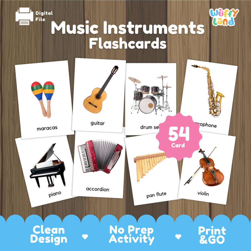 Digital flashcard set about music instruments, showing sample card designs with pictures of maracas, guitar, drum set, saxophone, piano, accordion, pan flute, and violin on a wood-textured background. A pink circle says '54 Card'.