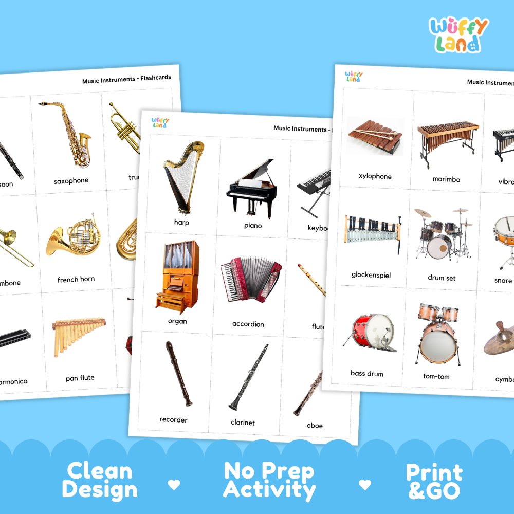 Three printable music instrument flashcard sheets displayed on a light blue background, with the Wiffly Land logo in the top right and marketing text along the bottom: 'Clean Design,' 'No Prep Activity,' and 'Print & GO.' The cards show labeled images of instruments such as saxophone, harp, piano, keybo, xylophone, marimba, drum set, bass drum, clarinet, and oboe.
