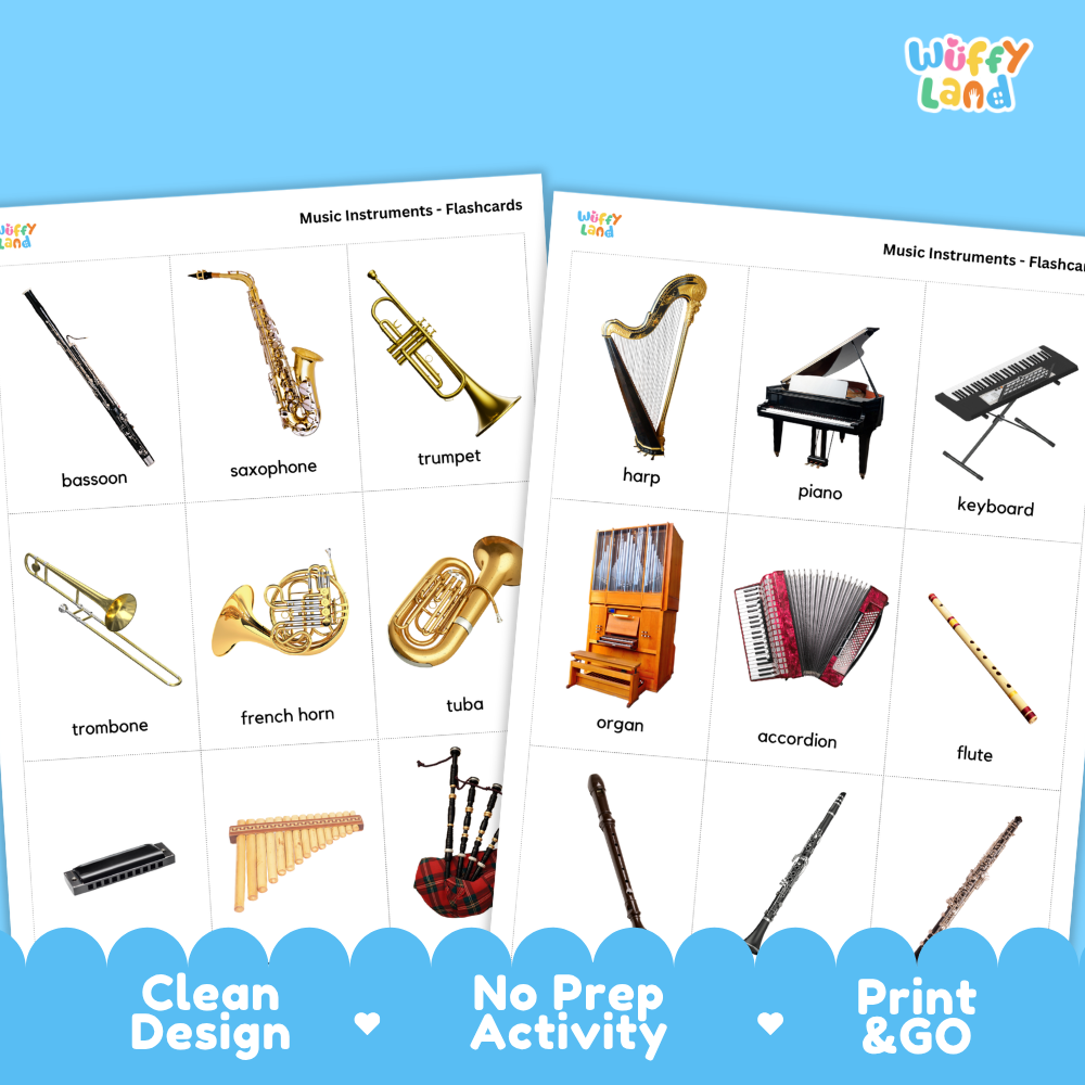 Two printed flashcard sheets showing different sets of music instruments, including bassoon, saxophone, trumpet, trombone, French horn, tuba, harp, piano, keyboard, organ, accordion, flute, and bagpipes. The cards are displayed on a light blue background with a blue scalloped footer and the brand name 'wiffly land' in the top right.