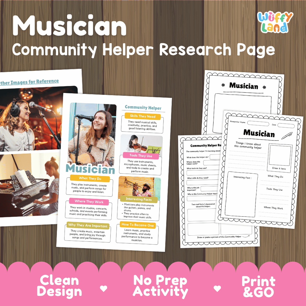 Musician community helper research page writing worksheets pack featuring real photos and student activity pages for elementary social studies and music education