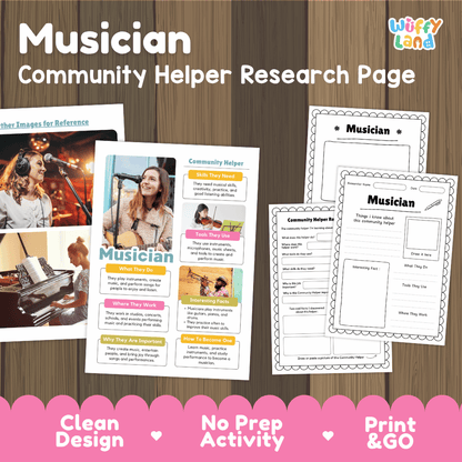 Musician community helper research page writing worksheets pack featuring real photos and student activity pages for elementary social studies and music education