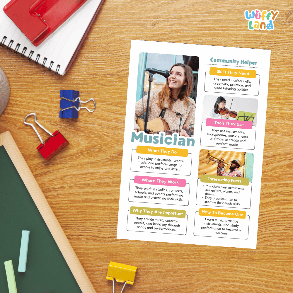 Guided student writing worksheets with lined sections for recording facts and a dedicated box for drawing or pasting a picture of a musician