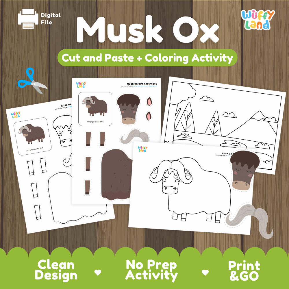 Musk Ox Cut and Paste Craft and Coloring Activity Worksheets