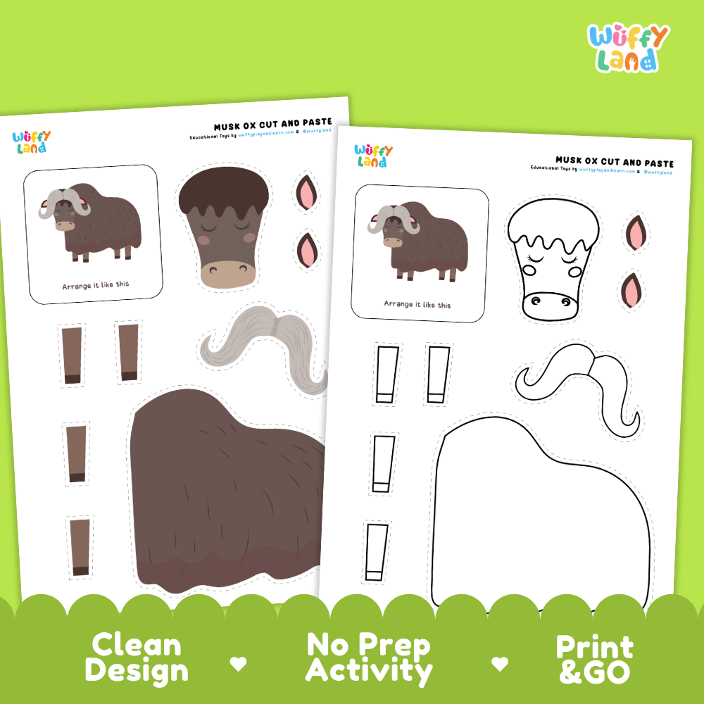 Musk Ox Cut and Paste Craft and Coloring Activity Worksheets