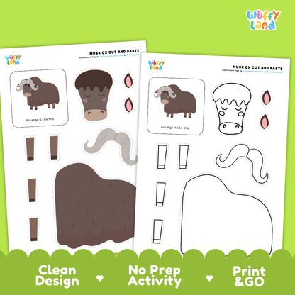 Musk Ox Cut and Paste Craft and Coloring Activity Worksheets