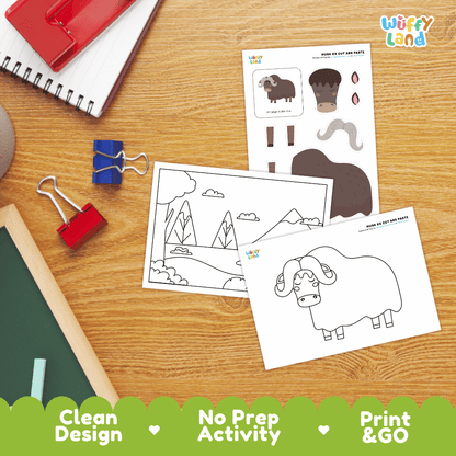 Musk Ox Cut and Paste Craft and Coloring Activity Worksheets