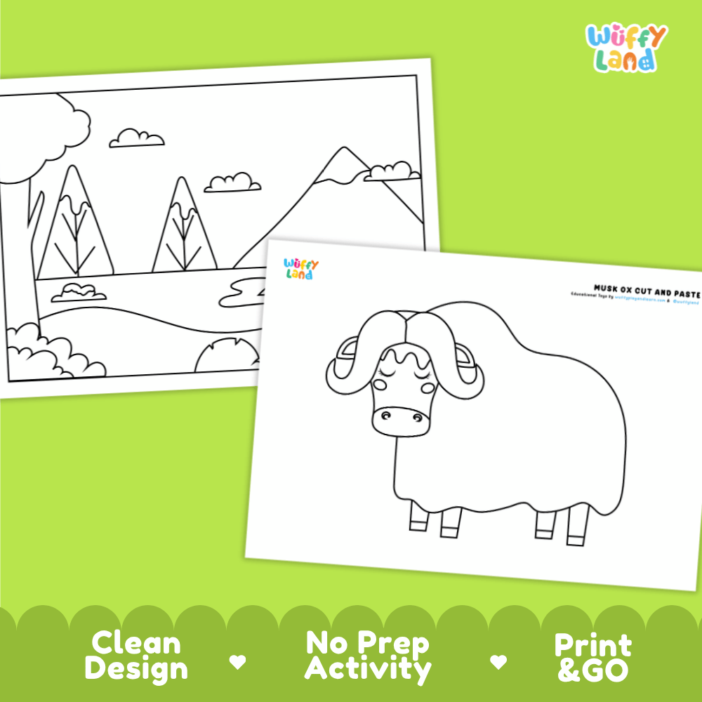 Musk Ox Cut and Paste Craft and Coloring Activity Worksheets
