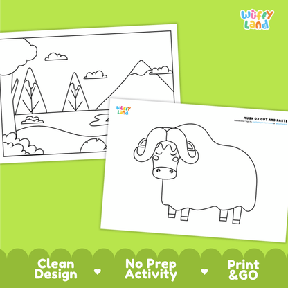 Musk Ox Cut and Paste Craft and Coloring Activity Worksheets