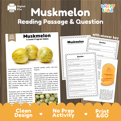 Muskmelon reading comprehension passage and questions printable activity pack with answer key for elementary students