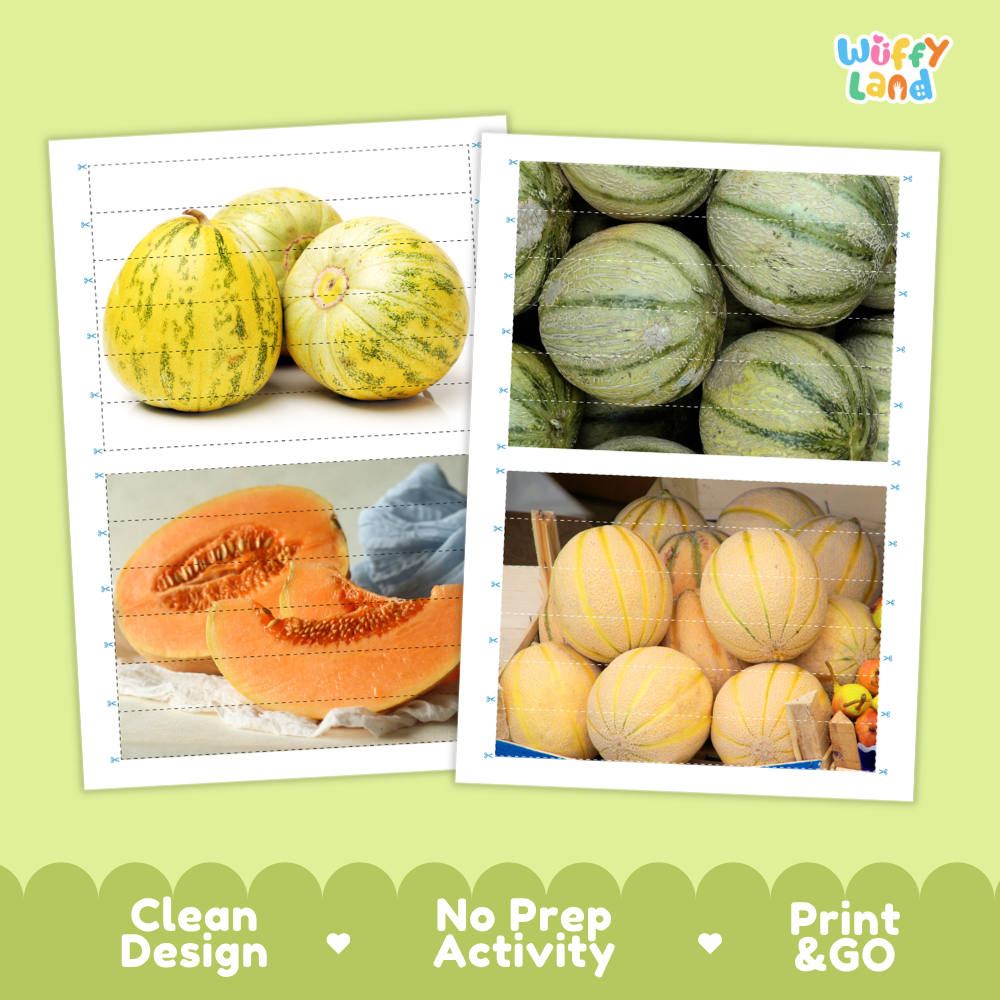 Printable activity sheets featuring photographic muskmelon puzzle boards and cutting guides