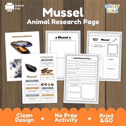 Mussel Animal Research Page Worksheets and Fact Sheet Activity