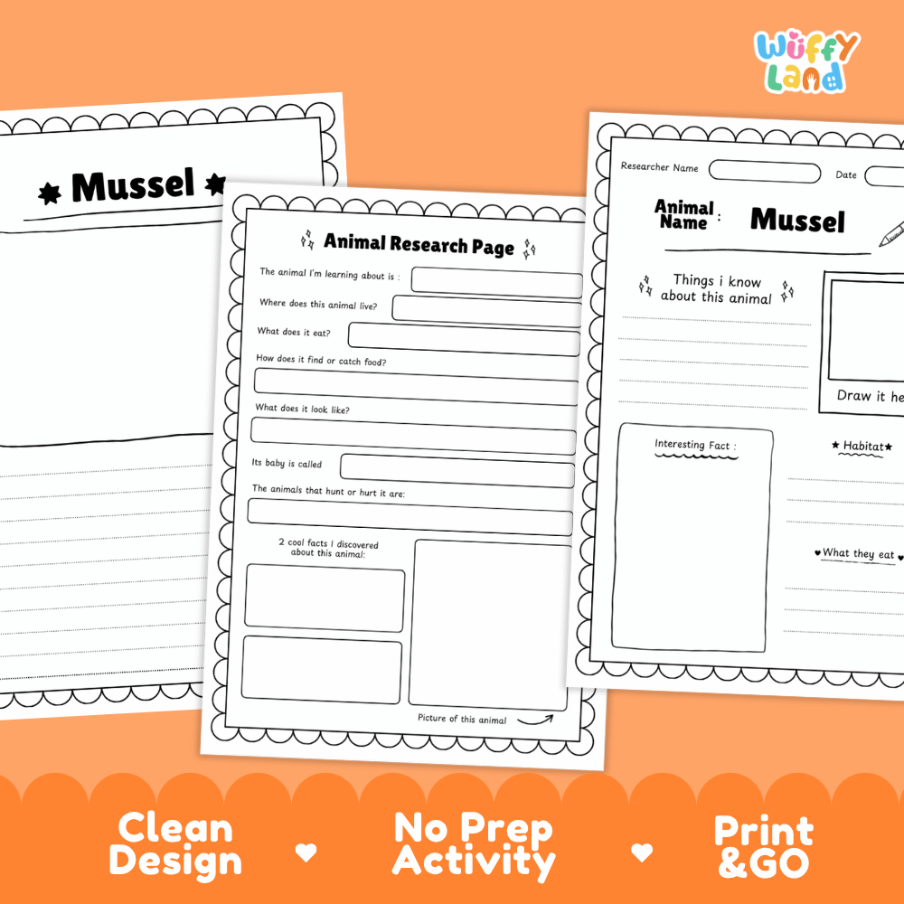 Mussel Animal Research Page Worksheets and Fact Sheet Activity