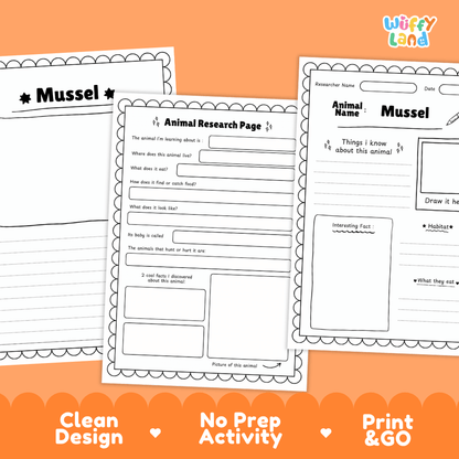 Mussel Animal Research Page Worksheets and Fact Sheet Activity