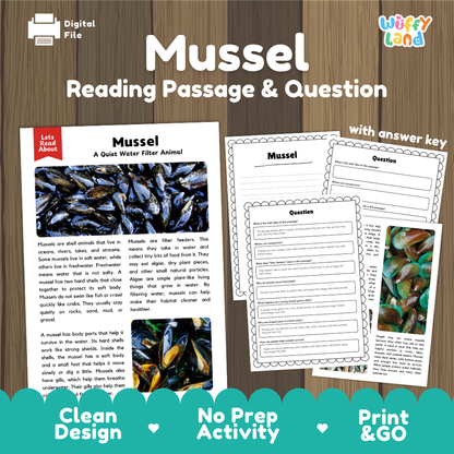 Digital reading activity bundle for 'Mussel' by Wiffy Land, featuring a reading passage about mussels, a question page, and an answer key, presented on a wood-grain background with promotional text.