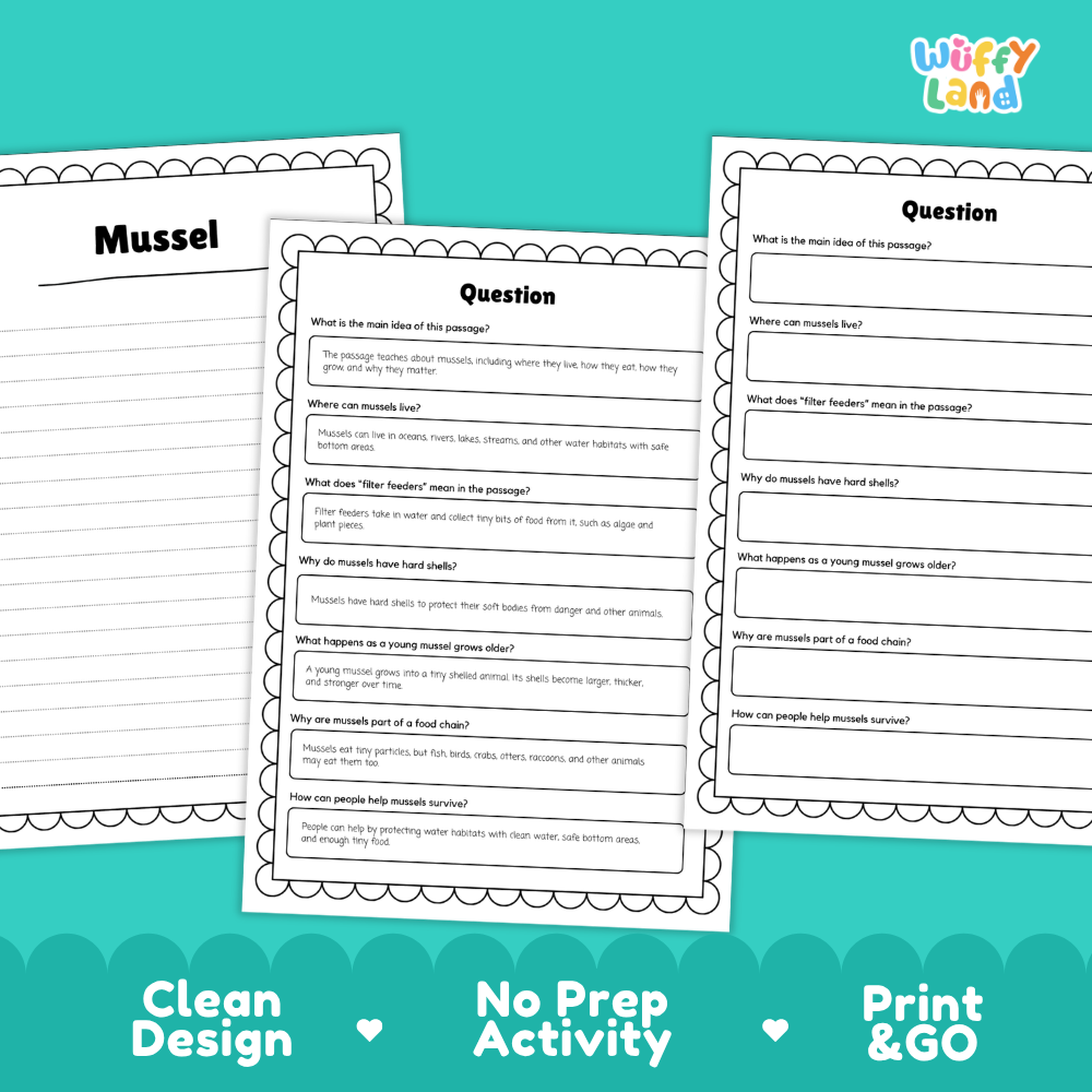 Three printable worksheet pages for a mussel-themed educational activity, shown on a teal background with the text 'Clean Design', 'No Prep Activity', and 'Print & GO'. The pages include reading comprehension questions with blank lines for writing answers.