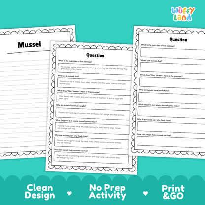 Three printable worksheet pages for a mussel-themed educational activity, shown on a teal background with the text 'Clean Design', 'No Prep Activity', and 'Print & GO'. The pages include reading comprehension questions with blank lines for writing answers.