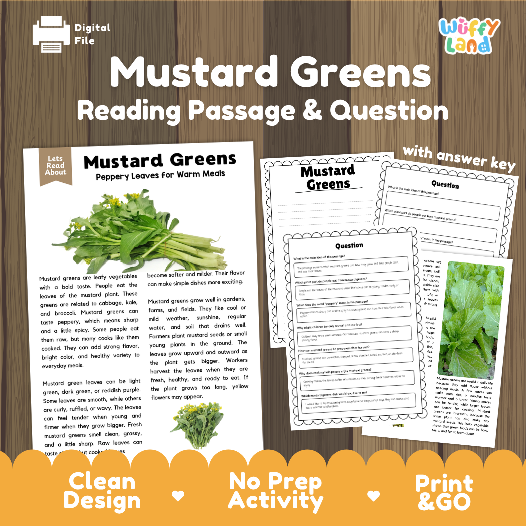 Mustard greens reading comprehension passage and questions printable activity pack with answer key for elementary students