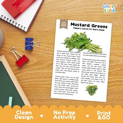 Student reading comprehension worksheet with short-answer questions and lined sections about mustard greens