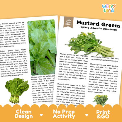 Teacher answer key page showing complete question solutions for mustard greens reading comprehension practice