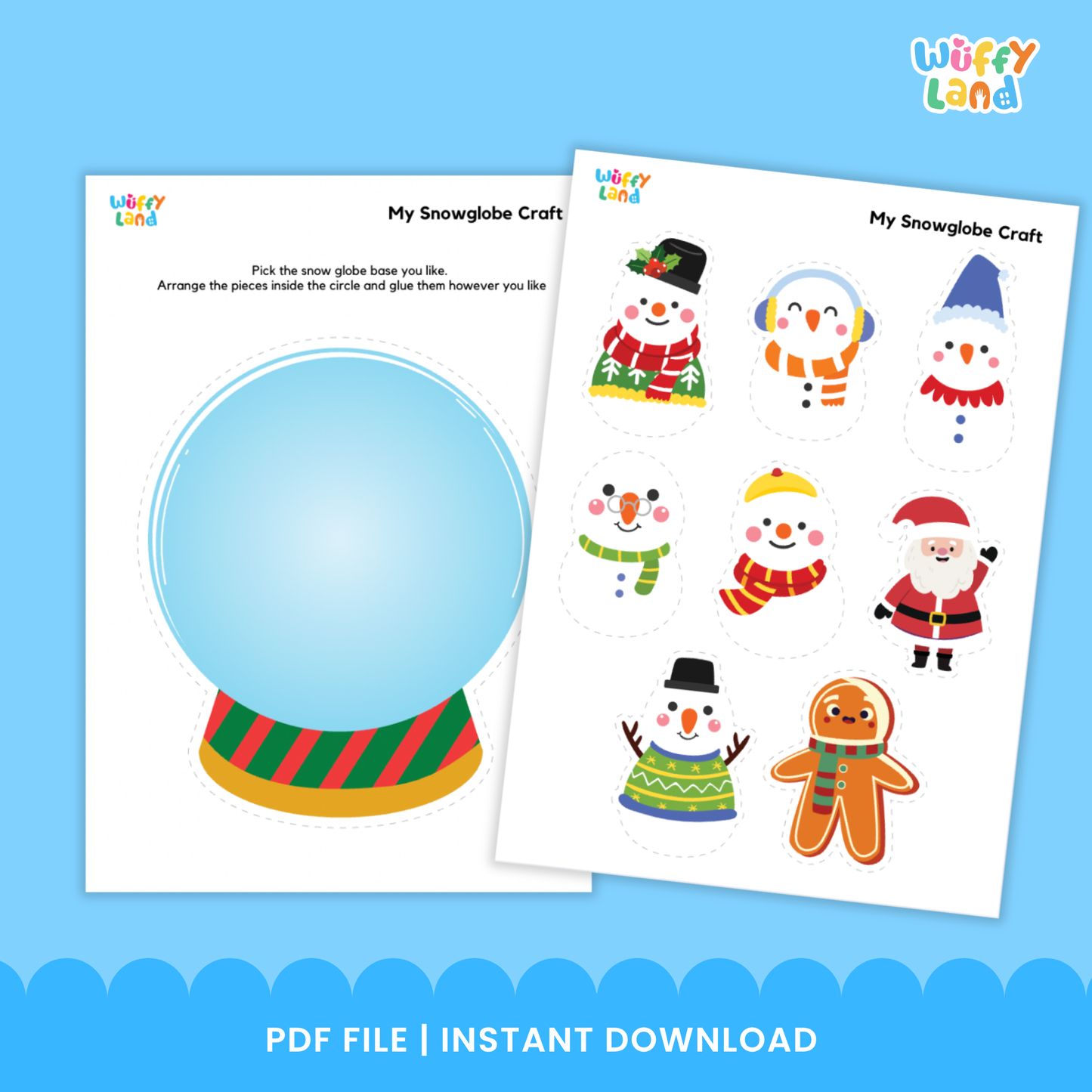 Printable snowglobe craft activity for kids featuring a blank snowglobe template to draw or paste items inside. Surrounded by cute winter graphics like a gingerbread cookie, snowman, penguin, presents, crayons, and scissors. Fun holiday-themed art project for preschool and elementary students
