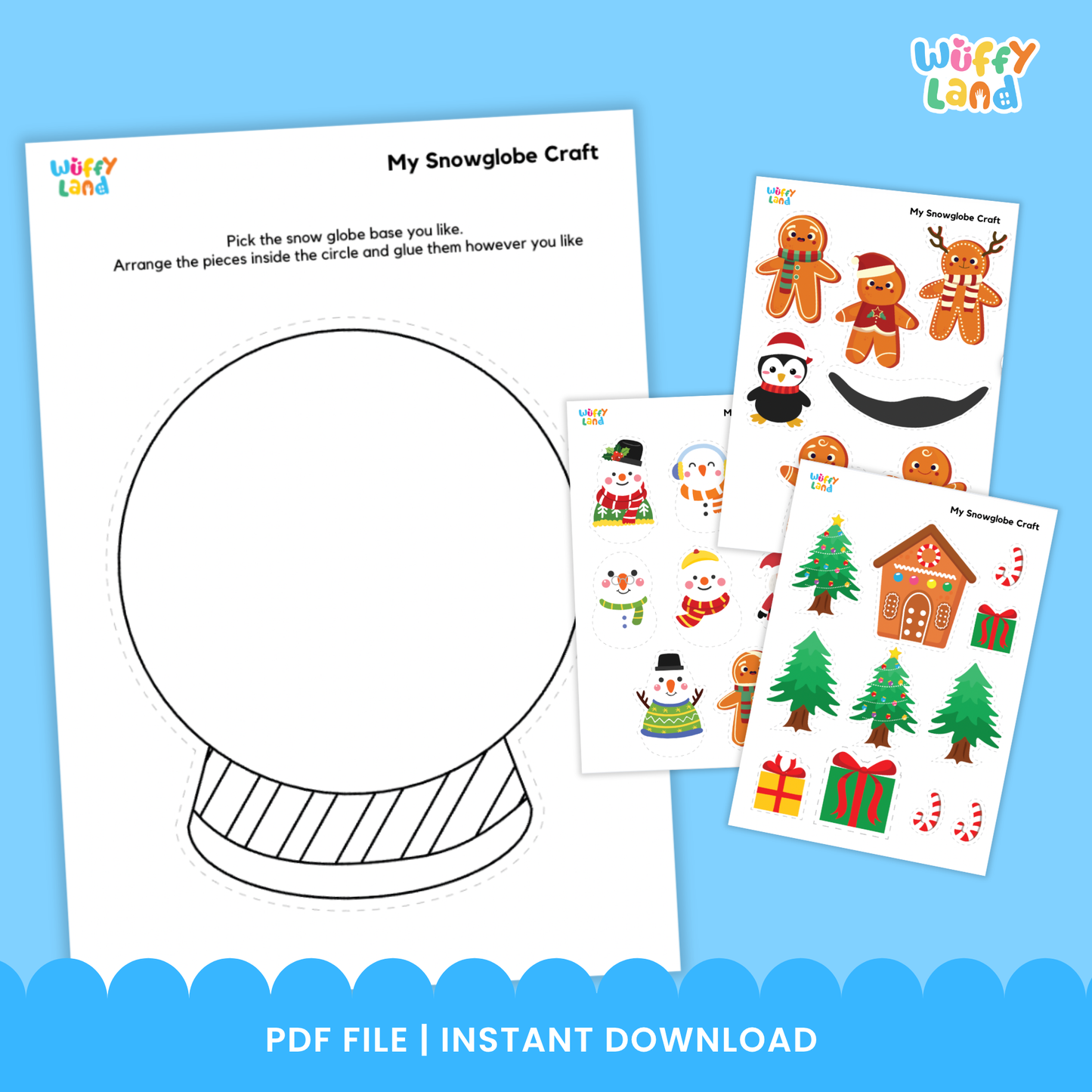 Printable snowglobe craft activity for kids featuring a blank snowglobe template to draw or paste items inside. Surrounded by cute winter graphics like a gingerbread cookie, snowman, penguin, presents, crayons, and scissors. Fun holiday-themed art project for preschool and elementary students.